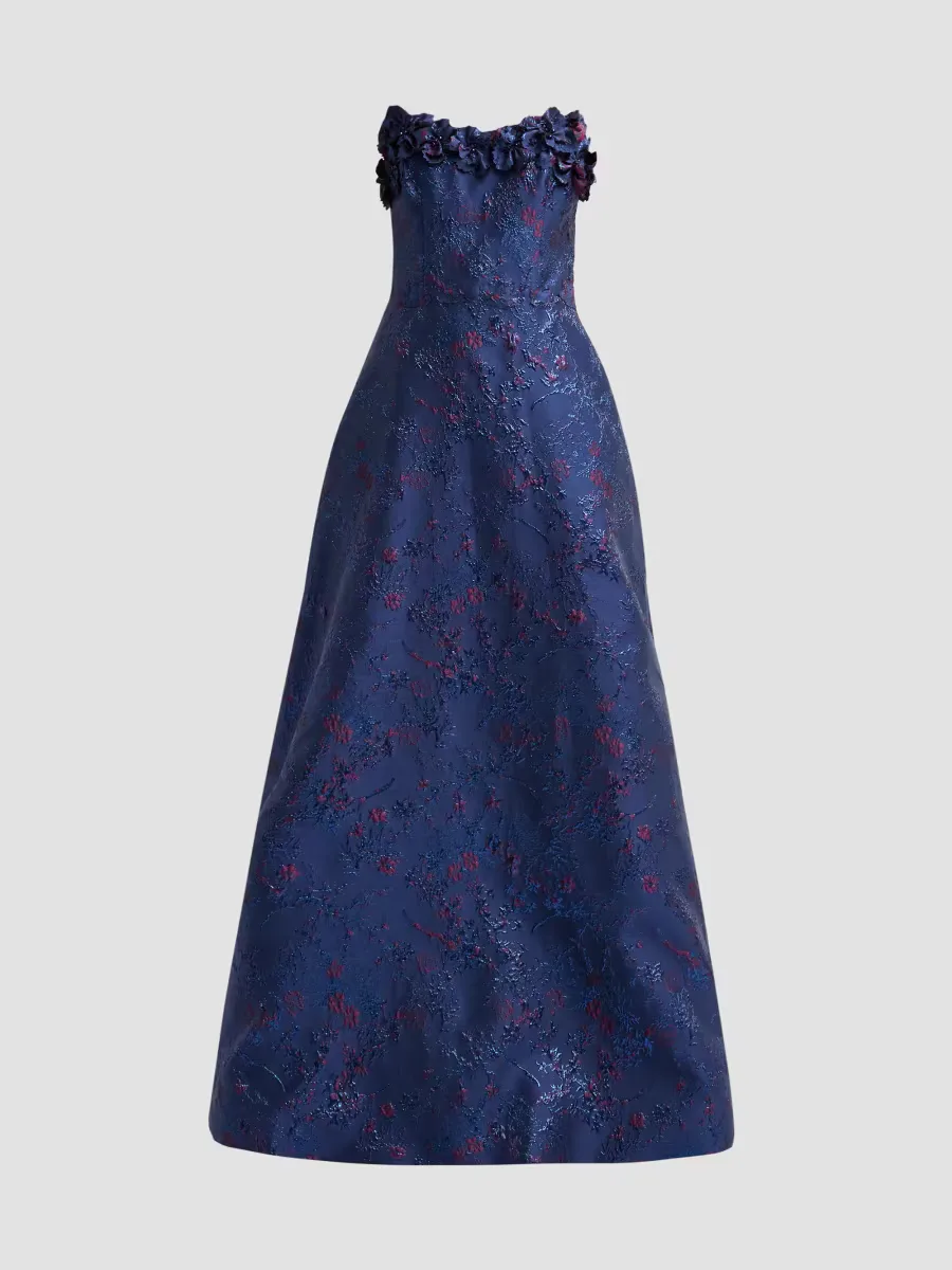 Floral Appliqu Jacquard Strapless Gown by Rene Ruiz Collection