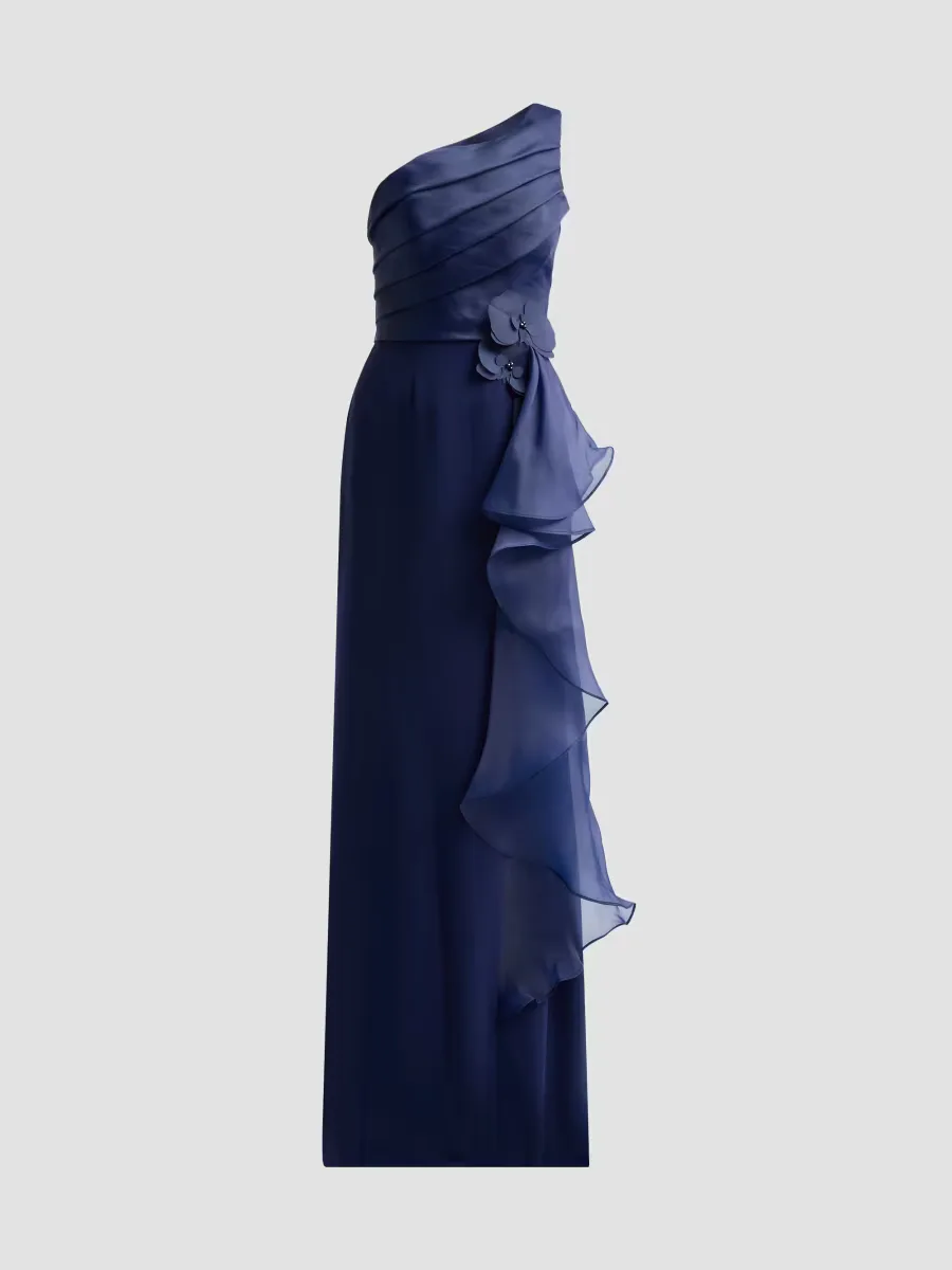 Draped Organza One-Shoulder Gown by Rene Ruiz Collection
