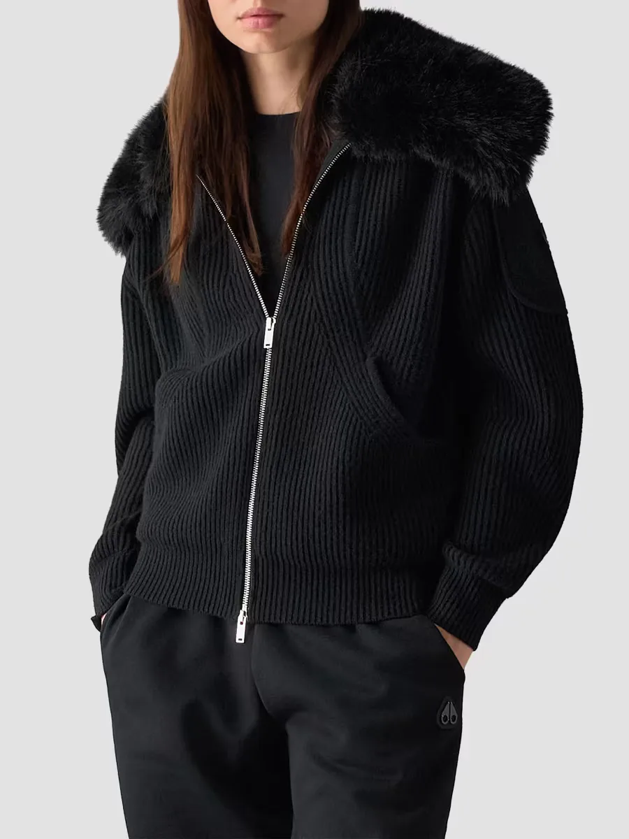 Corina Faux-Fur Collar Wool Zip Sweater by Moose Knuckles