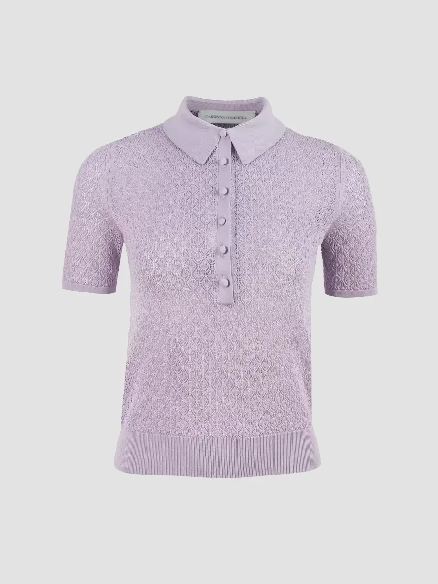 Open-Knit Short-Sleeve Polo Sweater by Carolina Herrera