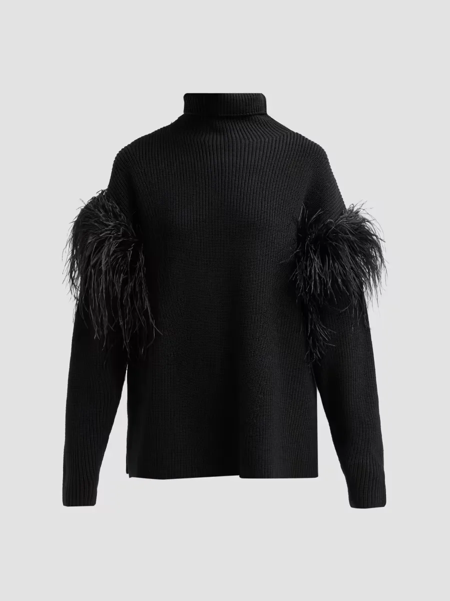 Wool Feather-Trimmed Turtleneck Sweater