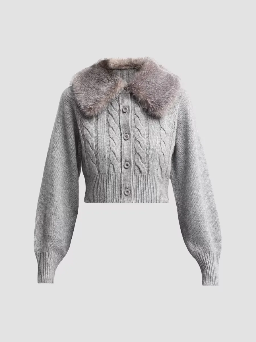 Rita Faux-Fur-Collar Cable-Knit Cardigan by Toccin