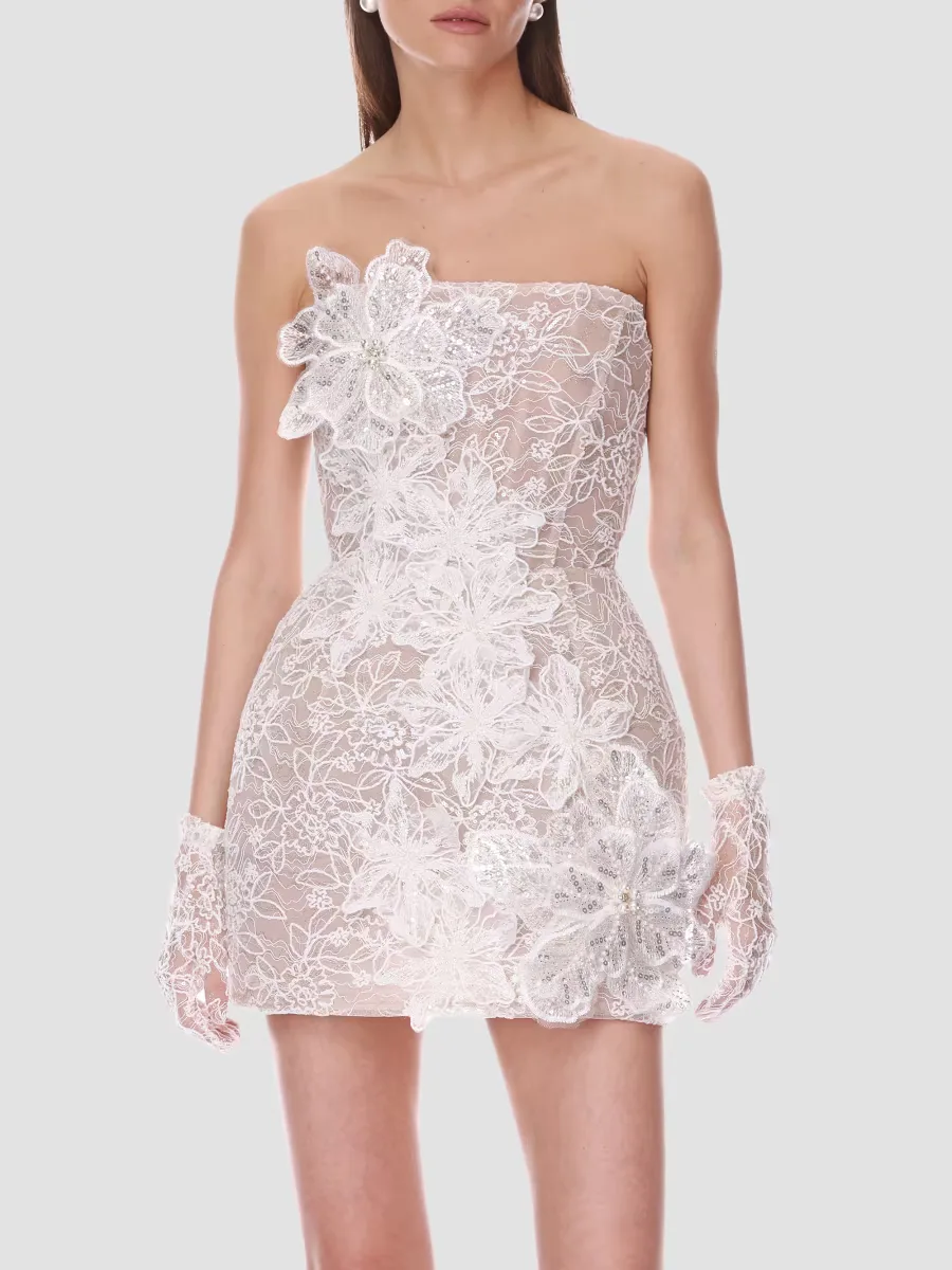 3D Floral-Embellished Lace Strapless Mini Dress by Bronx Banco