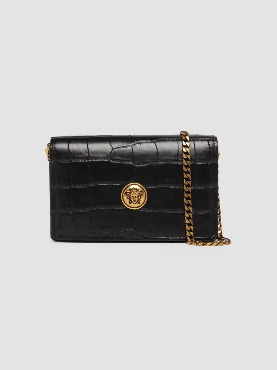 Emblme Mini Croc-Embossed Leather Crossbody Bag by Versace