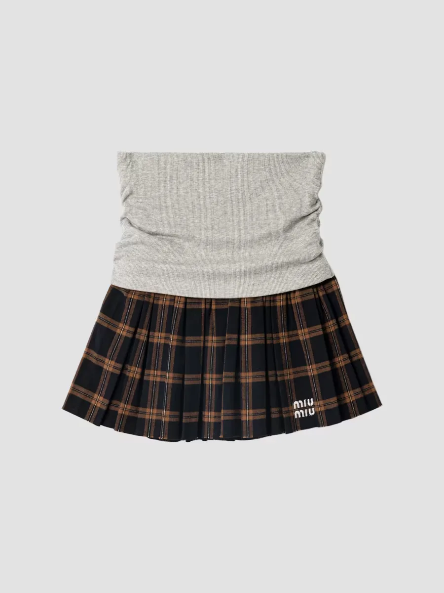 Ribbed Knit and Checked Flannel Skirt by Miu Miu