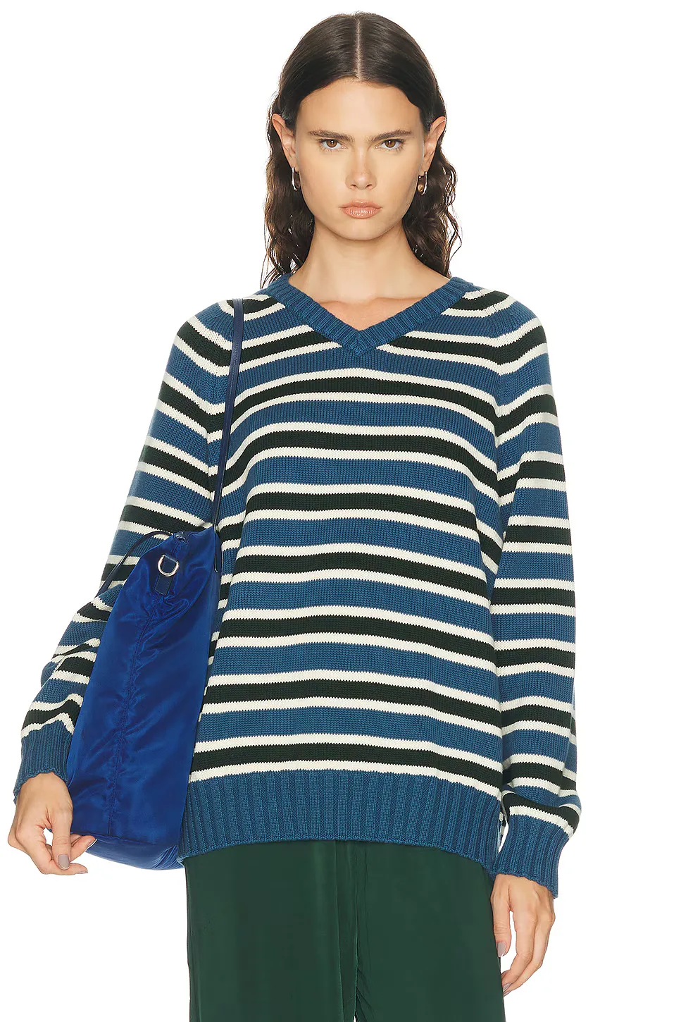 The Cotton Knit Stripe V-Neck Sweater by Donni