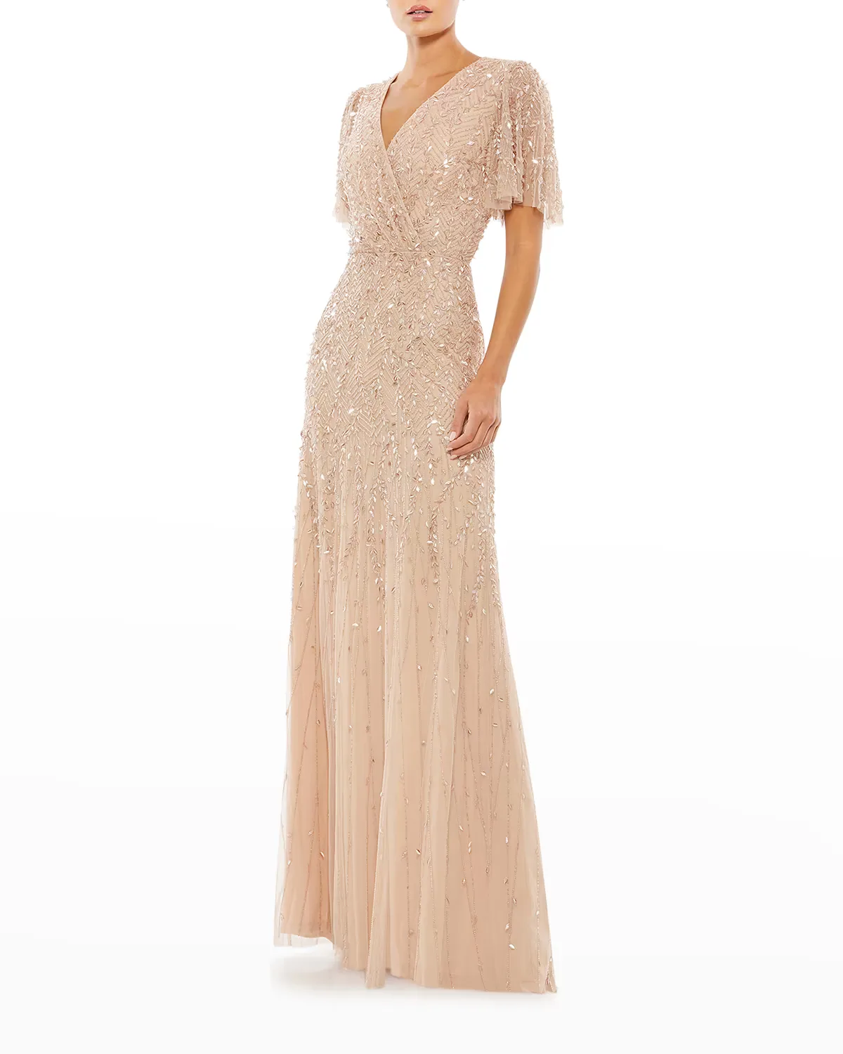 Flutter-Sleeve Beaded Sheath Gown by M.A.C.