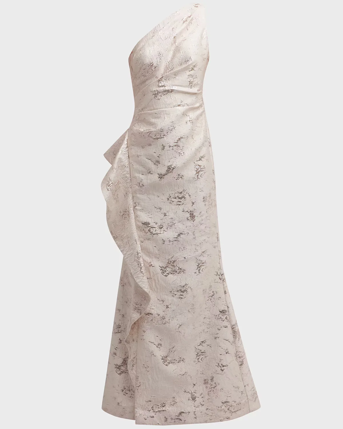 Metallic Jacquard One-Shoulder Side-Ruffle Gown