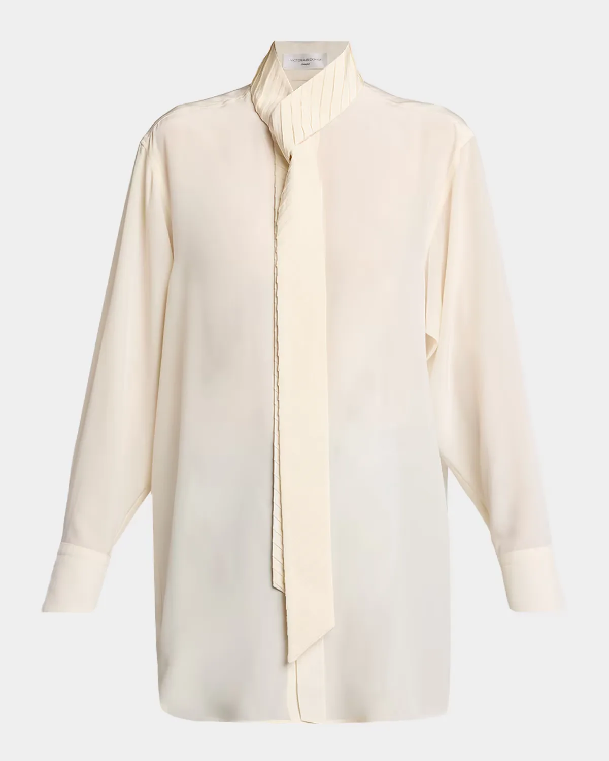 Scarf-Neck Silk Button-Down Blouse
