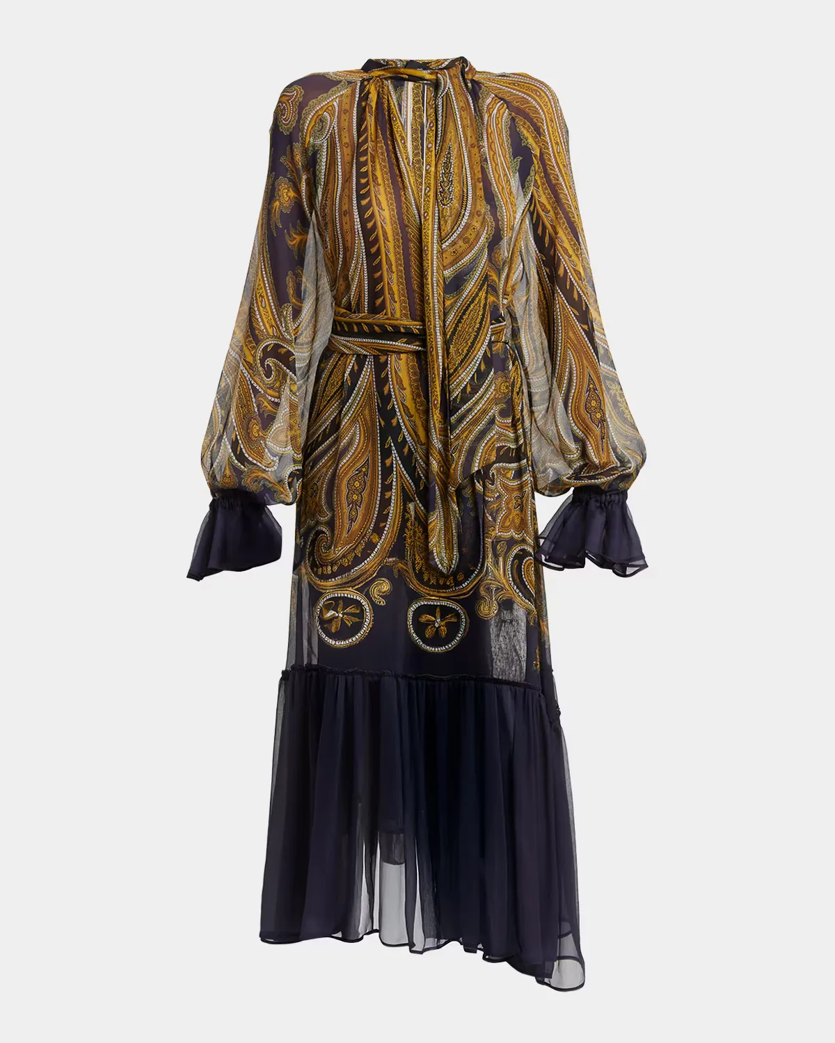 Paisley Silk Neck-Scarf Long-Sleeve Ruffle Midi Dress by ETRO