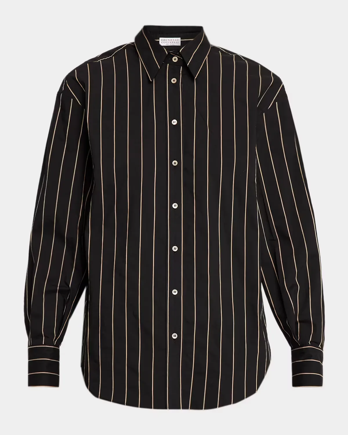 Triple Stripe Techno Cotton Long-Sleeve Button-Up Blouse by Brunello Cucinelli