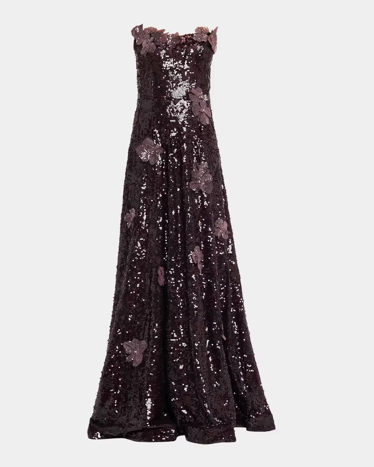 Strapless Floral Applique Sequin Gown by Rene Ruiz Collection