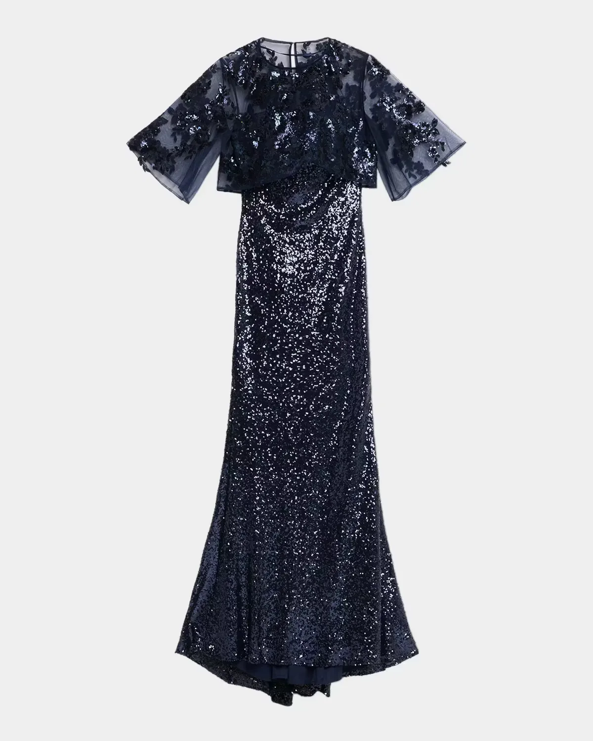 Sheer Cape Sequin Column Gown by Rene Ruiz Collection