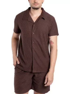 RAY Mens Casual Textured Camp Collar Short Sleeve Button-Up Shirt, Medium by X