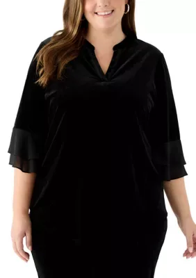 Elbow Flutter Sleeve Split Neck Tunic by Kasper