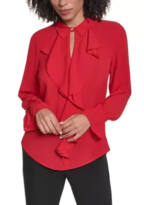 Ruffle Front Satin Blouse
