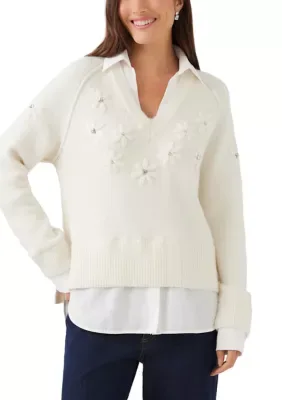 Rhinestone Embroidered Flower Layered Sweater by Karen Kane