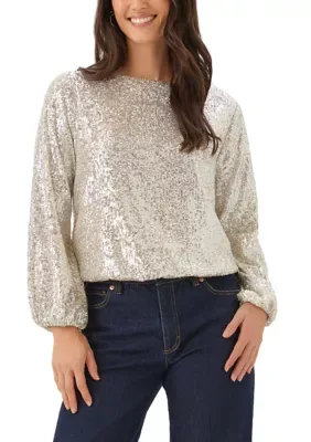 Sequin Blouson Sleeve Boatneck Top by Karen Kane