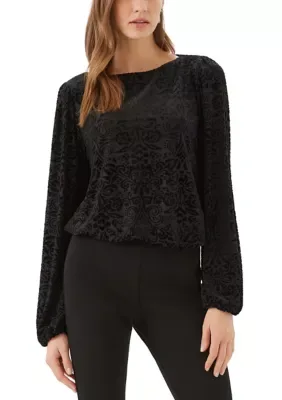 Blouson Sleeve Velvet Burnout Boatneck Top by Karen Kane