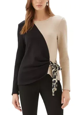 Long Sleeve Colorblock Satin Bow Top by Karen Kane