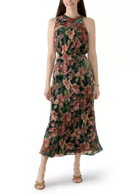 Sleeveless Printed Burnout Lace Sheath Maxi Dress