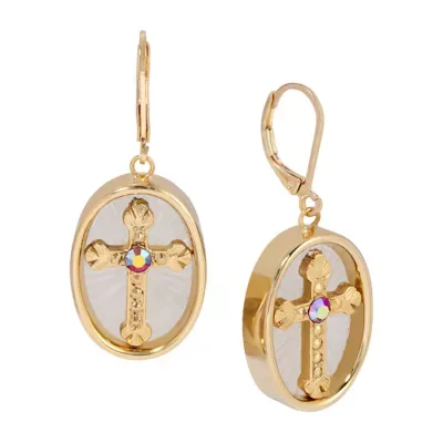 Gold Tone Oval Cross Center AB Crystal Drop Earring