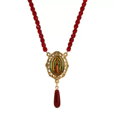 Gold Tone Lady of Guadalupe Decal Red Bead Necklace 18 In by Symbols of Faith