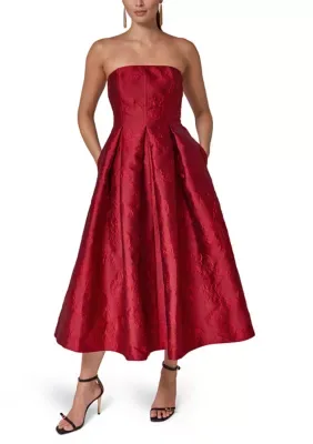Strapless Pleated Brocade Fit & Flare Dress