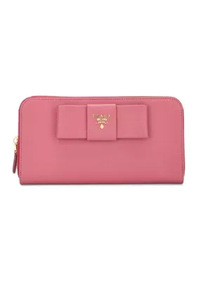 Prada Pink Saffiano Bow Zip Around Wallet by What Goes Around Comes Around