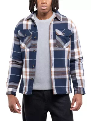 Cotton Plaid Flannel Button-Up Shirt Jacket with Faux Shearling Lining by X