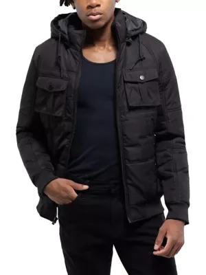 Hooded Puffer Jacket with Patch Chest Pockets by X