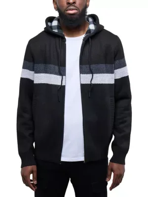 Hooded Fleece Lined Full Zip Sweater with Stripes by Cultura