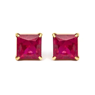 Lab Created 18K Yellow Gold 7x7 mm Created Red Ruby Princess Cut Solitaire Stud Earrings by Haus of Brilliance