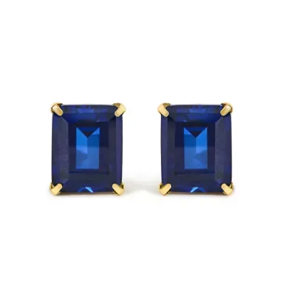 18K Yellow Gold 10x8 mm Lab Created Blue Sapphire Emerald Cut Solitaire Stud Earrings by Haus of Brilliance