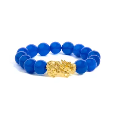18K Yellow Gold Blue Agate Beaded Dragon Charm Bracelet by Haus of Brilliance