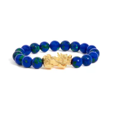 18K Yellow Gold Azurite Beaded Dragon Charm Bracelet by Haus of Brilliance