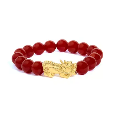 18K Yellow Gold Dragon Charm Red Agate Beaded Charm Bracelet by Haus of Brilliance