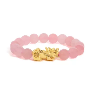 18K Yellow Gold Dragon Charm Natural Rose Quartz Beaded Charm Bracelet by Haus of Brilliance