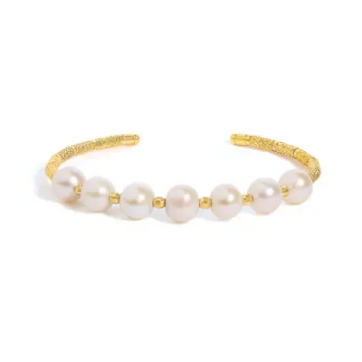 18K Yellow Gold Freshwater Pearl Cuff Bangle Bracelet by Haus of Brilliance