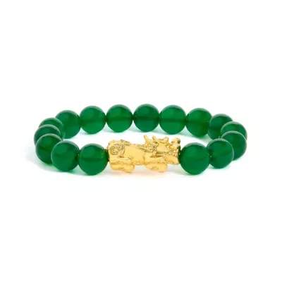 18K Yellow Gold Green Agate Beaded Bracelet with Dragon Charm by Haus of Brilliance