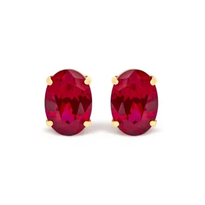Lab Created 18K Yellow Gold 7x5 mm Created Oval Ruby Solitaire Stud Earrings by Haus of Brilliance