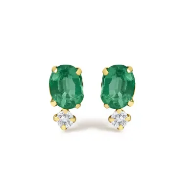 18K Yellow Gold Oval Green Emerald and Diamond Double Drop Stud Earrings by Haus of Brilliance