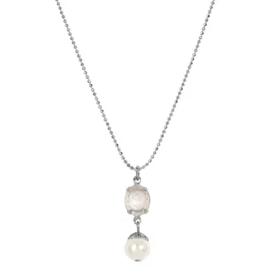 Silver Tone Flower Engraved Stone & Round Bead Necklace 16 In by 1928 Jewelry