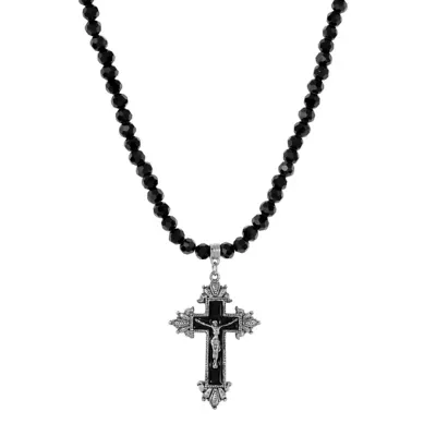 Silver Tone Black Enamel Crucifix with Black Glass Bead Necklace 15 Adj by Symbols of Faith