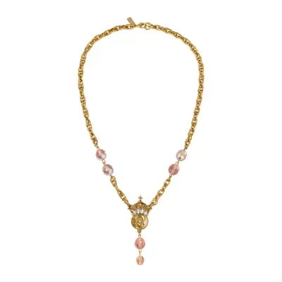 Gold Tone Virgin Mary Medallion AB Peach Bead Necklace 18" by Symbols of Faith
