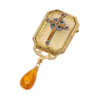Gold Tone Rectangle Topaz & Yellow Enamel Cross Pin by Symbols of Faith