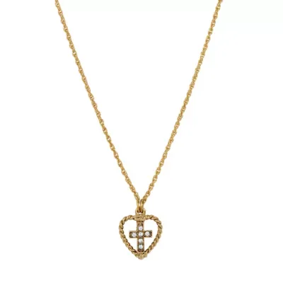 Gold Tone Crystal Cross Heart Necklace 15 Adj