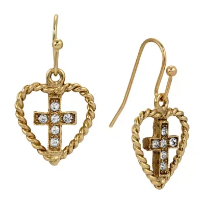 Gold Tone Crystal Cross Heart Drop Earring