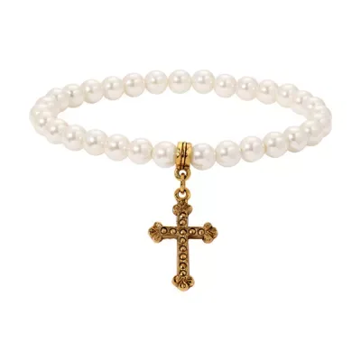 Gold-Tone Cross Faux Pearl Stretch Bracelet, 7 In by Symbols of Faith