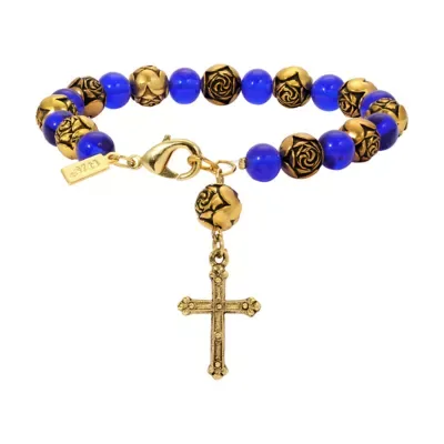Gold Tone Blue & Gold Bead Cross Charm Bracelet, 7.5 In by Symbols of Faith
